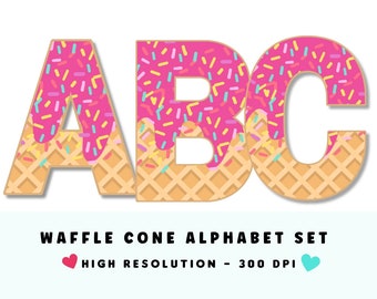 Waffle Cone Alphabet & Numbers Set PNG, Scrapbooking, Crafting, Iron On, Print, Digital Letters, Ice Cream Letters, Cone With Sprinkles