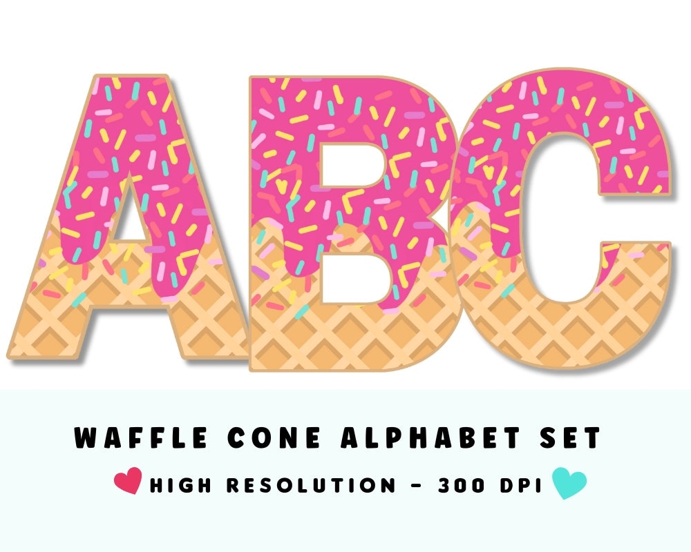 Alfabeto y números de conos de waffle: Letras de helado espolvoreadas (descarga digital PNG)