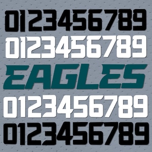 Pode incluir: Cinco linhas de números 0123456789 em preto, branco e azul-petróleo. A palavra "EAGLES" está em azul-petróleo na terceira linha.
