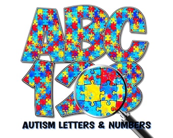 Autism Awareness Puzzle Letters & Numbers: Primary Colors PNG (Digital Download)