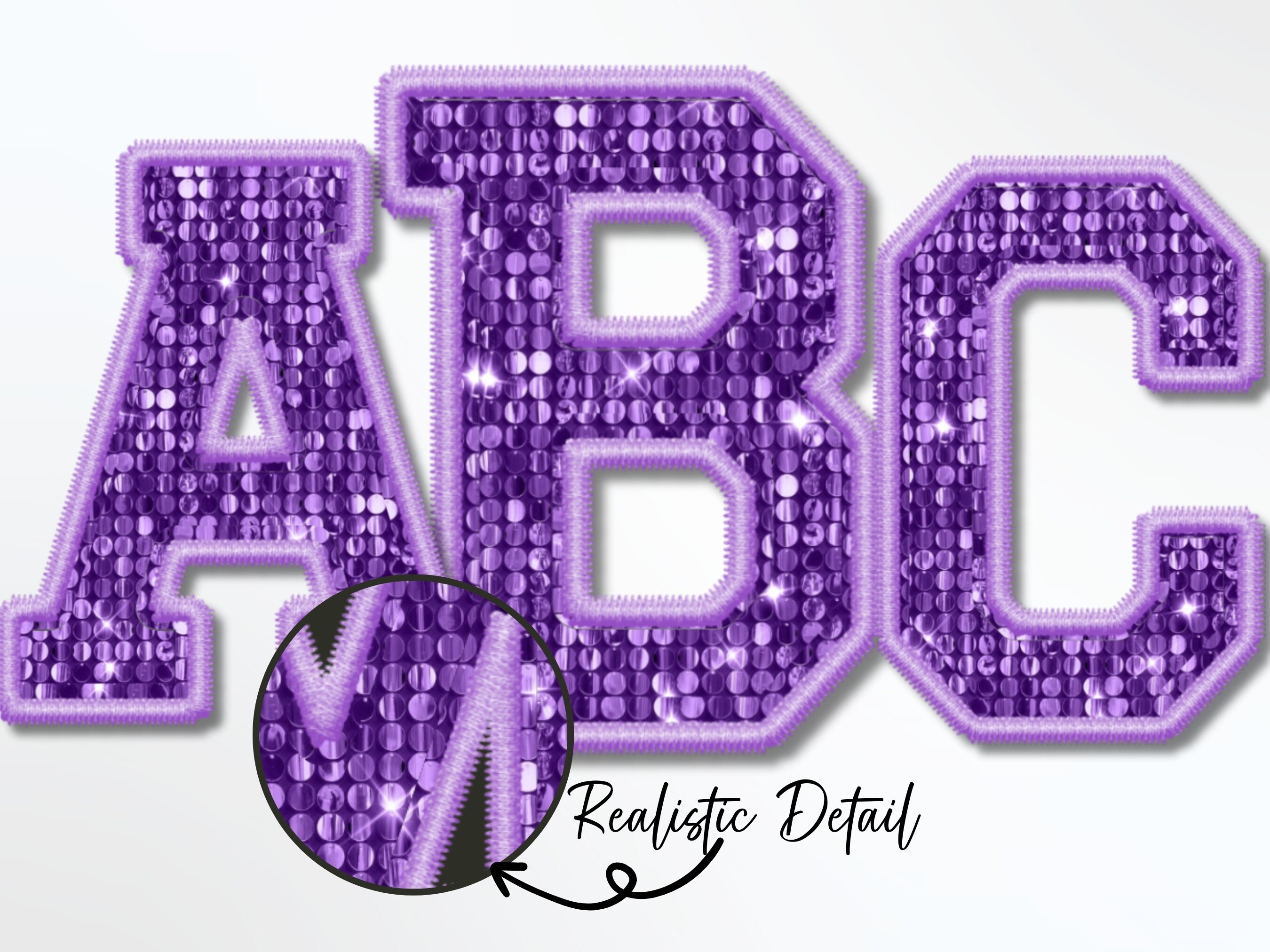 Faux Embroidery, Light Purple Sequins Alphabet Set, Embroidery Sports Letters, Sequins Letters PNG, Purple Glitter Letters PNG, Embroidery