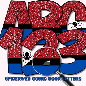 Spider Web superhéroe cartas PNG cómic letras imprimibles cómic alfabeto PNG superhéroe cumpleaños cartas digitales Scrapbook Cartas