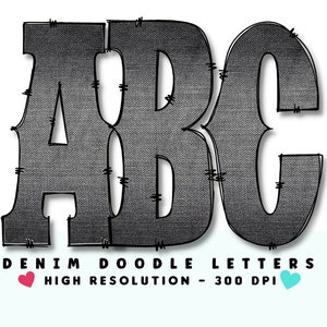 Black Denim WESTERN DOODLE Alphabet & Numbers Set PNG - Scrapbooking, Elaboración, Plancha, Impresión, Letras Digitales, Letras Doodle, Grunge