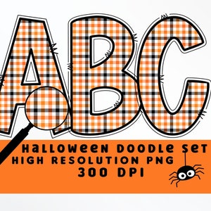 Naranja y negro a cuadros Halloween Doodle Letters Set PNG, Alfabeto de Halloween, Sublimación, Prensa de calor, Hierro encendido, Impresión HTV, Conjunto de alfabeto