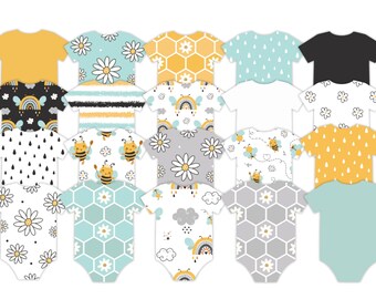 20 Cute Bees Infant Bodysuit Clipart Set, PNG Format, High Resolution, Baby Shower Clipart, Gender Reveal, Scrapbooking, Bee Clipart Set