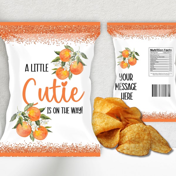 Editable Little Cutie Baby Shower Chip Bag Template, Customizable, Personalized, Tangerine Baby Shower Favor Templates, Chip Bag Template