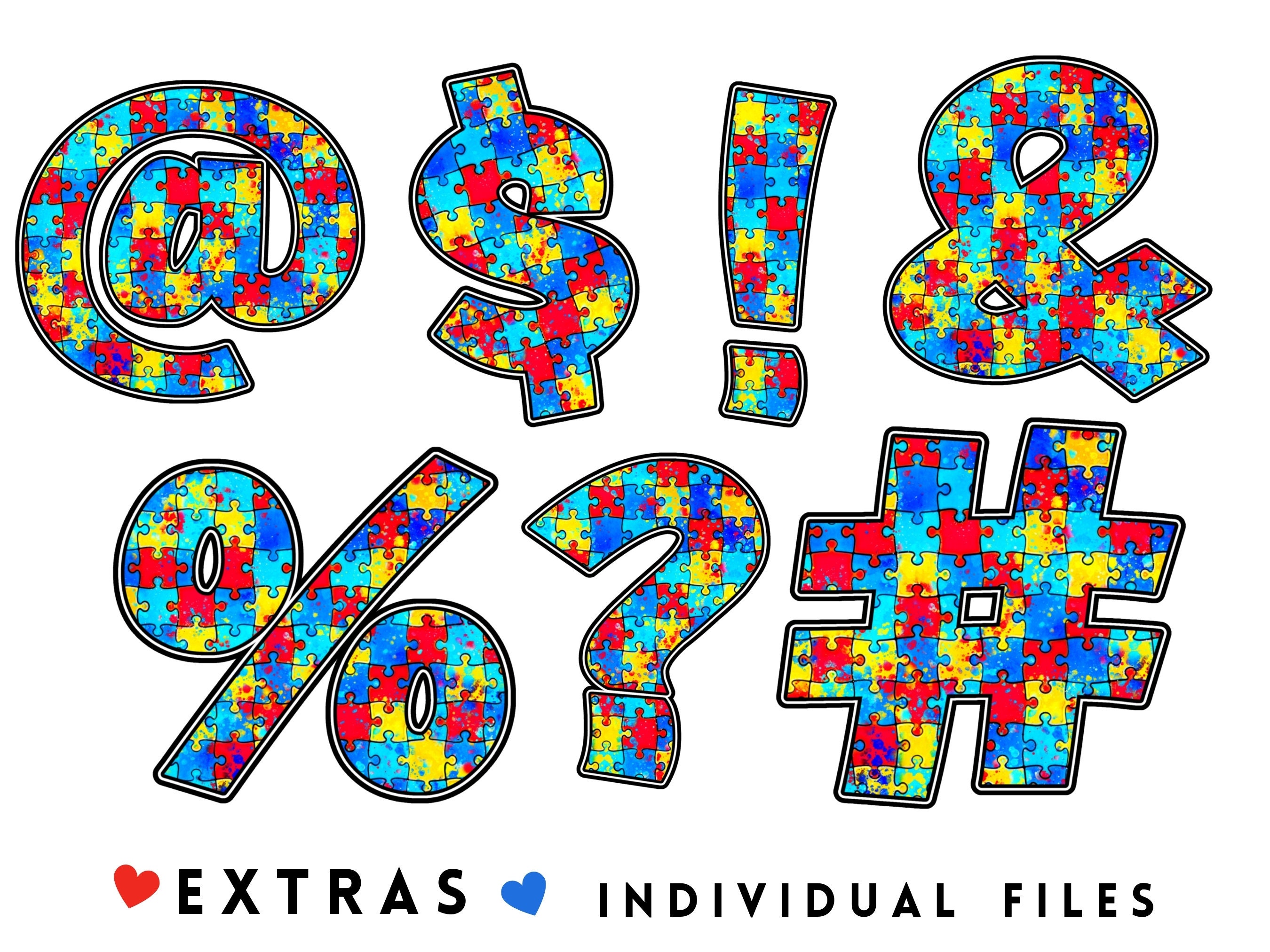 Autism Awareness Puzzle Letters & Numbers: Primary Colors PNG (digital ...