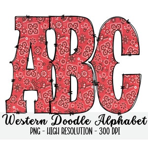 Red Bandana WESTERN DOODLE Alphabet & Numbers Set PNG - Scrapbooking, Crafting, Iron On, Print, Digital Letters, Doodle Letters, Grunge