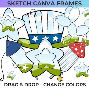 May include: Illustration of patriotic-themed elements, including a star, Uncle Sam hat, and a balloon dog. The image features the text "SKETCH CANVA FRAMES" and "DRAG & DROP - CHANGE COLORS". The color palette includes blue, white, red, and green.