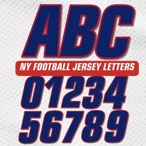 Alfabeto y números de la camiseta de fútbol de Nueva York, letras PNG de fútbol, fuente y colores del equipo, fuente PNG de la camiseta, números de camiseta rojos, blancos y azules