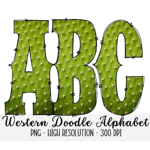 Cactus WESTERN DOODLE Alphabet & Numbers Set PNG - Scrapbooking, Crafting, Iron On, Print, Digital Letters, Doodle Letters, Cowboy Country