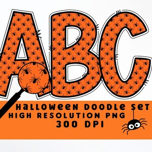 Creepy Spider Halloween Doodle Letters Set PNG, Alfabeto de Halloween, Sublimación, Prensa de Calor, Hierro encendido, Impresión HTV, Conjunto de alfabeto de Halloween