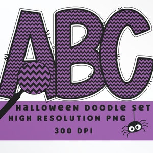 Patrón Chevron Halloween Doodle Letters Set PNG, Alfabeto de Halloween, Sublimación, Prensa de Calor, Hierro encendido, Impresión HTV, Alfabeto Chevron