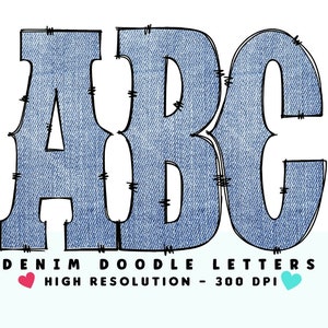 Light Denim WESTERN DOODLE Alphabet & Numbers Set PNG - Scrapbooking, Crafting, Iron On, Print, Digital Letters, Doodle Letters, Grunge