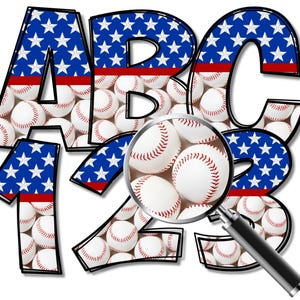 Letras y números PNG de béisbol del 4 de julio, prensa de calor, planchado, HTF, impresión, alfabeto deportivo, letras para exhibir, números para tablón de anuncios