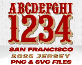 Replica della maglia da football dei San Francisco del 2025, con alfabeto e numeri, set PNG e SVG (download digitale)