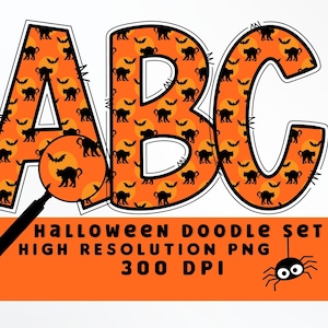 Black Cat & Moon Halloween Doodle Letters Set PNG, Alfabeto de Halloween, Sublimación, Prensa de calor, Hierro encendido, Impresión HTV, Conjunto de alfabeto de Halloween