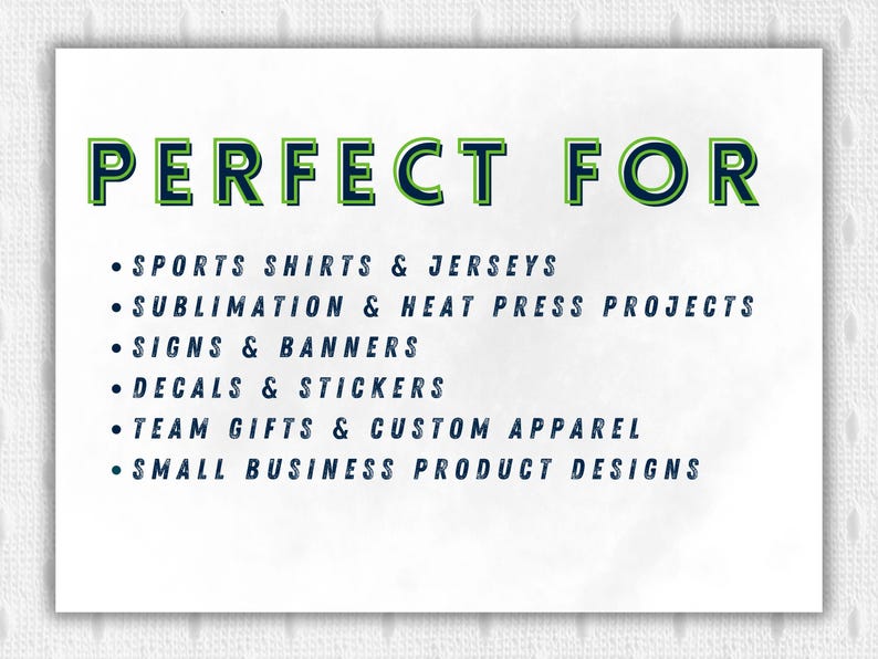Puede incluir: Cartel rectangular blanco con las palabras "PERFECT FOR" en verde y azul marino. Debajo, una lista incluye "SPORTS SHIRTS & JERSEYS", "SUBLIMATION & HEAT PRESS PROJECTS", "SIGNS & BANNERS", "DECALS & STICKERS", "TEAM GIFTS & CUSTOM APPAREL" y "SMALL BUSINESS PRODUCT DESIGNS".