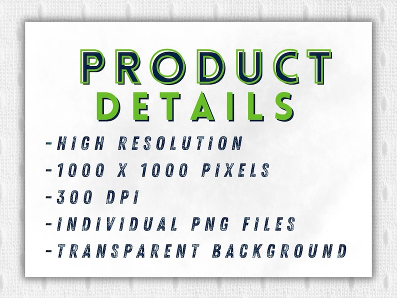 Puede incluir: Fondo blanco con el texto "PRODUCT DETAILS" en verde y azul. El texto enumera "ALTA RESOLUCI&Oacute;N", "1000 X 1000 P&Iacute;XELES", "300 DPI", "ARCHIVOS PNG INDIVIDUALES" y "FONDO TRANSPARENTE".