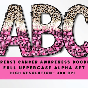 Concientización sobre el cáncer de mama Doodle Letters Set PNG, Alfabeto de cáncer PNG, Sublimación, Prensa de calor, Hierro encendido, htv, Impresión, Camiseta de cáncer de mama PNG