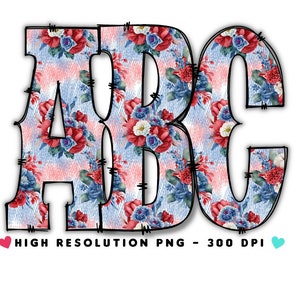 Floral Western Doodle Alphabet PNG: Red, White, Blue Letters (Digital Download)
