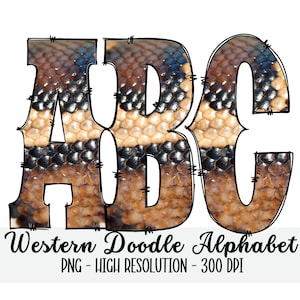 Piel de serpiente WESTERN DOODLE Alphabet & Numbers Set PNG - Scrapbooking, Crafting, Iron On, Print, Digital Letters, Doodle Letters, Grunge