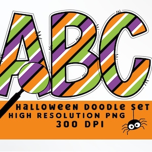 Rayas multicolores Halloween Doodle Letters Set PNG, Alfabeto de Halloween, Sublimación, Prensa de calor, Hierro encendido, Impresión HTV, Conjunto de alfabetos