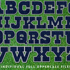 Alfabeto y números brillantes del equipo de fútbol de Dallas, letras PNG con purpurina azul marino y plateada, fuente y colores oficiales, letras PNG de Dallas