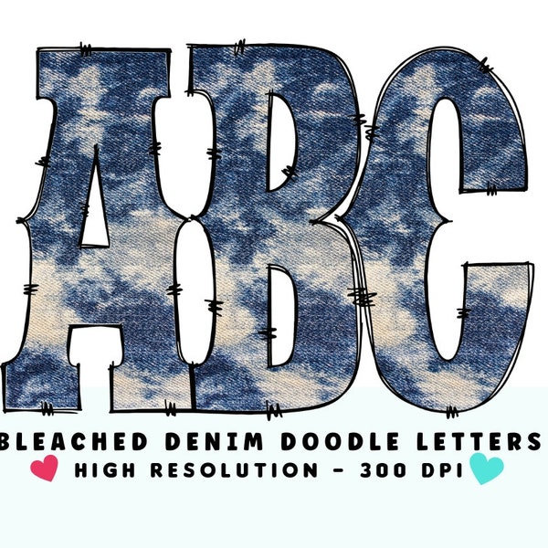 Bleached Denim WESTERN DOODLE Alphabet & Numbers Set PNG - Scrapbooking, Crafting, Iron On, Print, Digital Letters, Doodle Letters, Grunge