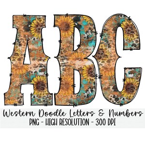 WESTERN Leopard Doodle Alphabet & Numbers Set PNG - Sublimación - Prensa de calor - Fondo transparente - Cuero de vaca - Girasol - Hierro en impresión
