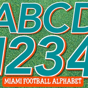 Miami Football 3D Alphabet und Zahlen, Football Buchstaben PNG, offizielle Schriftarten und Farben, türkisfarbene und orange Buchstaben, aqua und orange Buchstaben PNG
