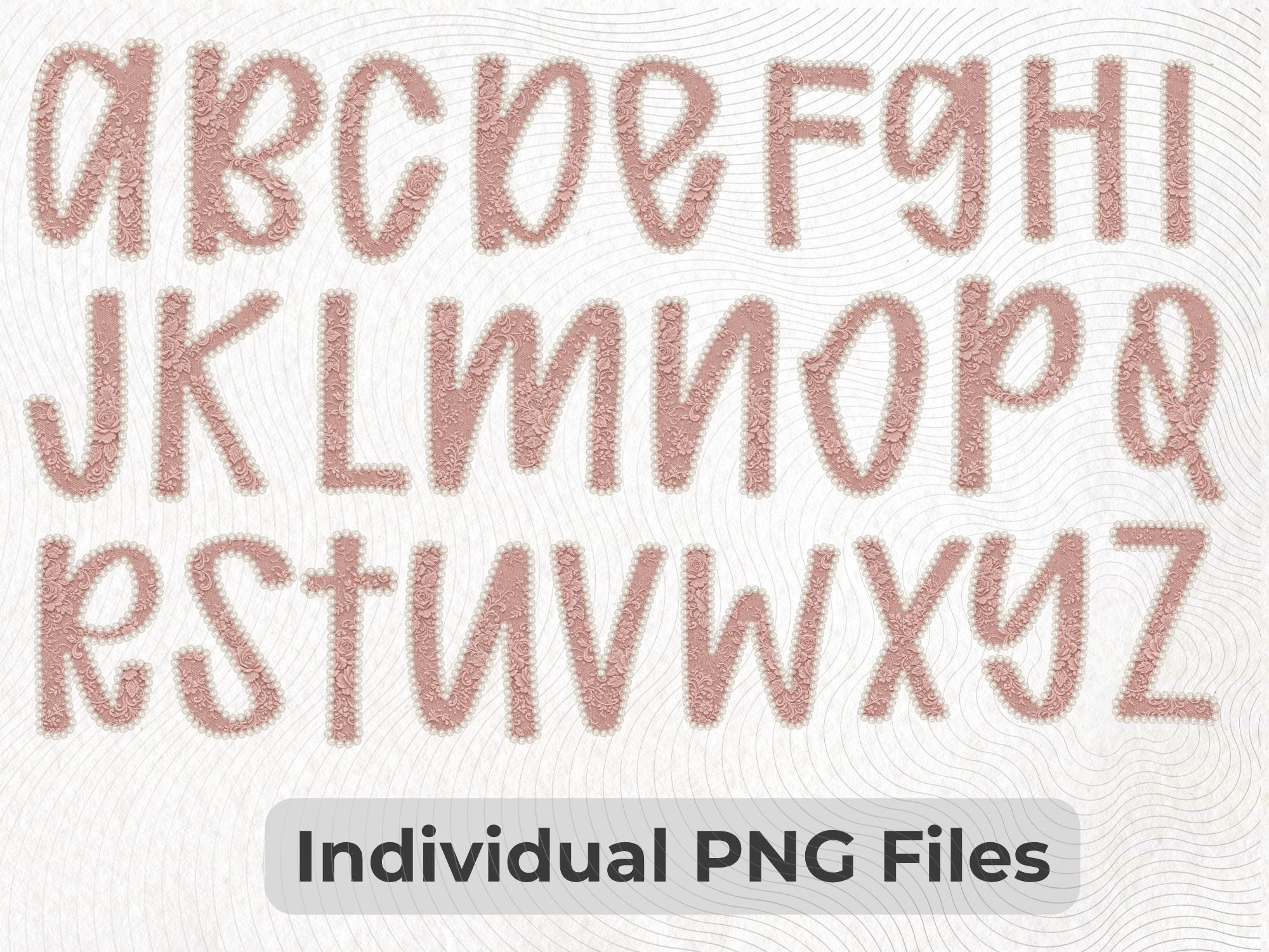 Dusty Rose Lace Alphabet PNG Bundle, Pearl Outline Letters & Numbers ...