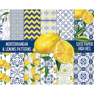 Papel Digital Limones & Azulejos Mediterráneos - Alta Resolución - 12x12 - Scrapbooking - Tarjetas - Descarga Digital - Imprimible - Artesanía Digital