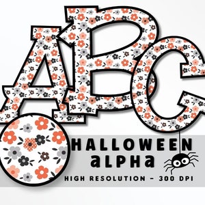 Flores lindas Conjunto de letras de fuente de Halloween PNG, Alfabeto de vibraciones de Halloween, Sublimación, Prensa de calor, Hierro encendido, HTV, Impresión, Conjunto Alfa de Halloween