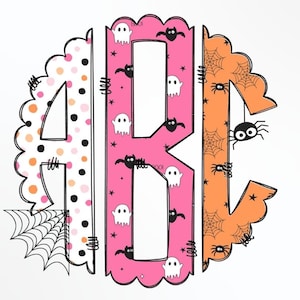 Paquete de monogramas de garabatos de Halloween, Alfabeto de Halloween PNG, Sublimación, Prensa de calor, Plancha, HTV, Impresión, Pastel Halloween Alpha,