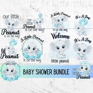 May include: A baby shower bundle with a blue and white color scheme featuring cute elephant illustrations. The text includes "Our little Peanut is on the way!" and "Welcome little peanut".