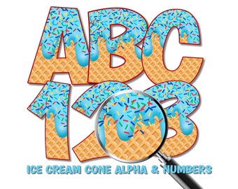 Waffle Cone Alphabet & Numbers: Ice Cream Sprinkles PNG (Digital Download)