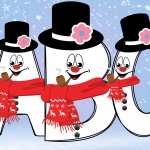Lindo juego de letras con diseño de muñeco de nieve, alfabeto navideño PNG, sublimación, prensa térmica, letras para álbumes de recortes, letras para manualidades, imprimibles, vacaciones
