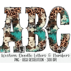 WESTERN Leopard Doodle Alphabet & Numbers Set PNG - Sublimación - Prensa de calor - Fondo transparente - Cuero de vaca - Girasol - Hierro en impresión
