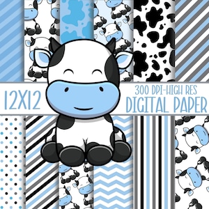 Cute Baby Boy Cow Digital Paper - High Resolution - 12x12 - Scrapbooking - Cards - Digital Download - Printable -Digital Craft - Baby Shower