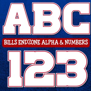 May include: White letters and numbers with a red outline on a blue background. The letters spell out "ABC" and the numbers are "123". The text "Bills Endzone Alpha & Numbers" is below the letters.