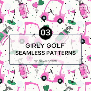May include: A seamless pattern featuring pink golf carts, golf bags, golf balls, flags, flowers, and heart-shaped balloons on a white background. The text "03 Girly Golf Seamless Patterns" is displayed.