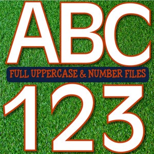 Alfabeto y números de CHICAGO PNG, letras azul marino y naranja, letras mayúsculas, conjunto de letras de fútbol con fuentes deportivas, alfabeto de fútbol, letras mayúsculas