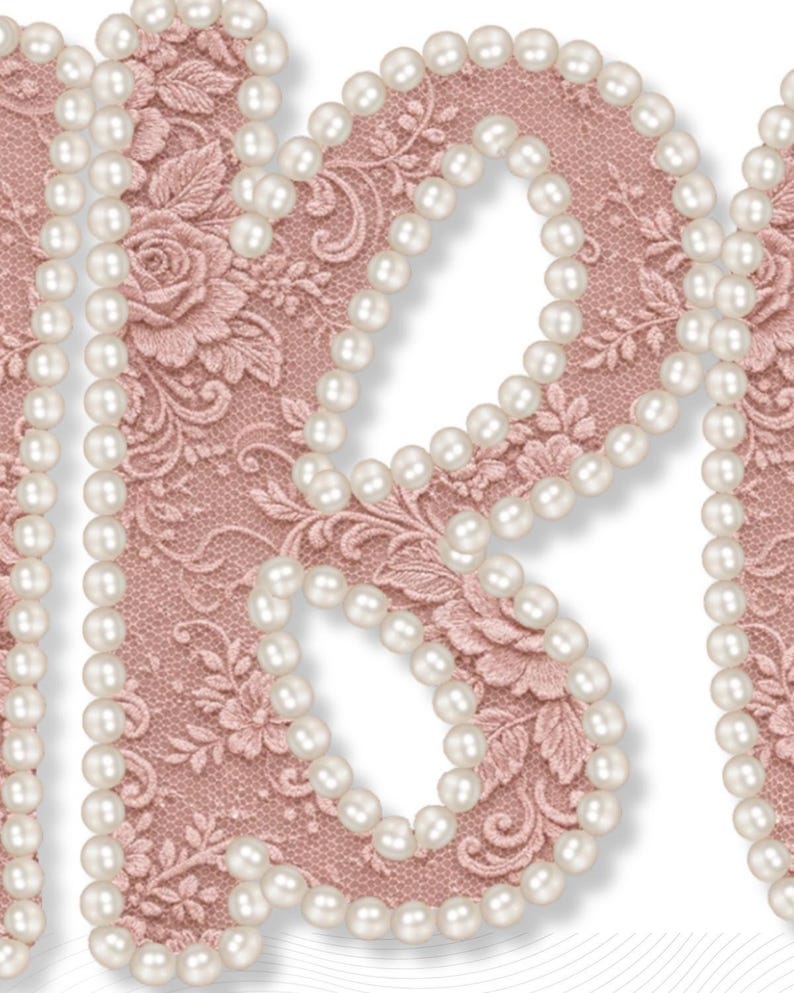 Dusty Rose Lace Alphabet PNG Bundle, Pearl Outline Letters & Numbers ...