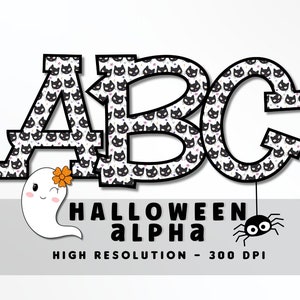 Lindo conjunto de alfabeto de fondo de gato negro de Halloween PNG, letras de vibraciones de otoño, sublimación, prensa de calor, plancha, calor a vinilo, impresión, gato negro