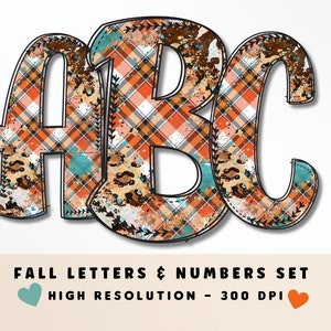 Naranja Plaid Otoño Fondo Doodle Alfabeto y números Set PNG, Letras de vibraciones de otoño, Sublimación, Prensa de calor, Plancha, Calor a vinilo, Imprimir