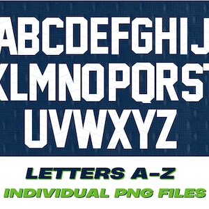 Puede incluir: Letras may&uacute;sculas blancas de la A a la Z sobre un fondo azul marino. El texto "LETTERS A-Z" est&aacute; en verde, y "INDIVIDUAL PNG FILES" est&aacute; en verde debajo. La fuente es en negrita y en bloques.