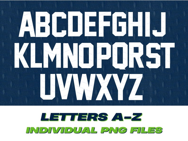 Puede incluir: Letras may&uacute;sculas blancas de la A a la Z sobre un fondo azul marino. El texto "LETTERS A-Z" est&aacute; en verde, y "INDIVIDUAL PNG FILES" est&aacute; en verde debajo. La fuente es en negrita y en bloques.