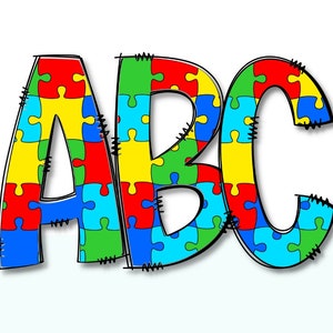 Conjunto de alfabeto y números de concienciación sobre el autismo PNG. Sublimación, prensa de calor, álbumes de recortes, manualidades, alfabeto, hierro en, alfabeto de rompecabezas, primaria