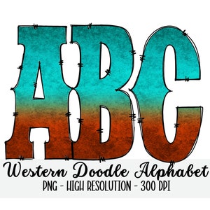 Rusty Metal WESTERN DOODLE Alphabet & Numbers Set PNG - Scrapbooking, Crafting, Iron On, Print, Digital Letters, Doodle Letters, Grunge